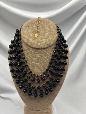 David Aubrey Multi Strand Black Glass Bead Statement Bib Necklace Gold Extender